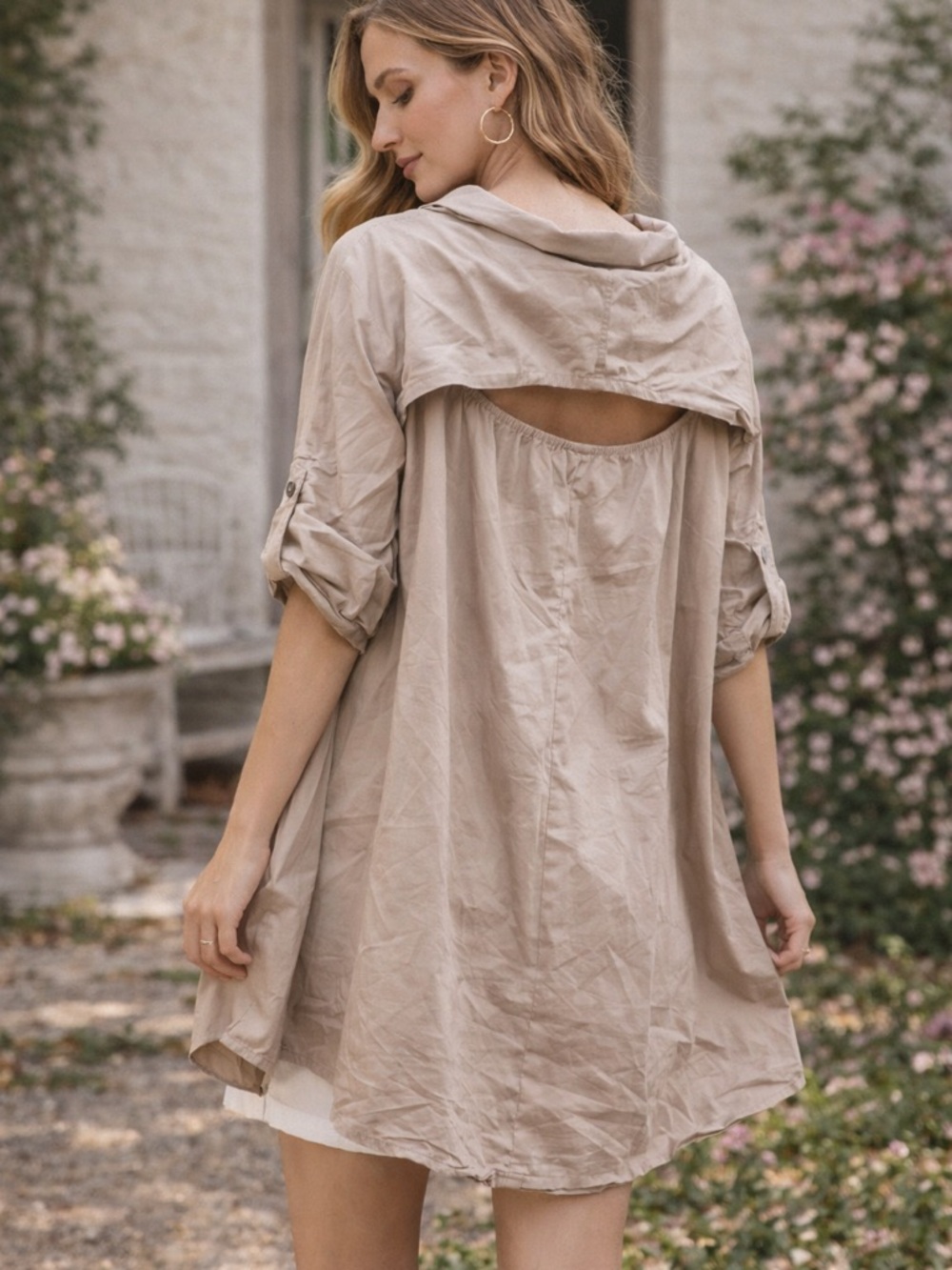 Gracia Oversized Cotton Tunic Top Beige Open Back Roll Sleeve Boho Size L